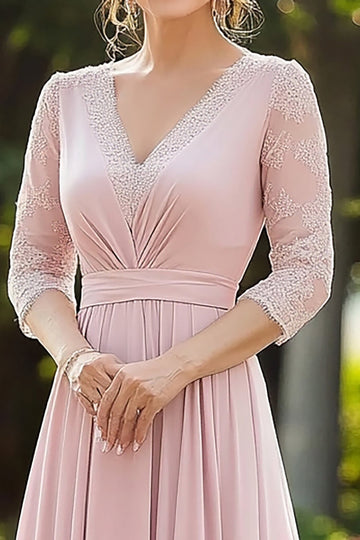 Robe de mère de la mariée en mousseline de soie élégante en dentelle rose avec manches 3/4